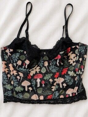 Romwe Black Mesh Cottagecore Mushroom Bustier Top Size M